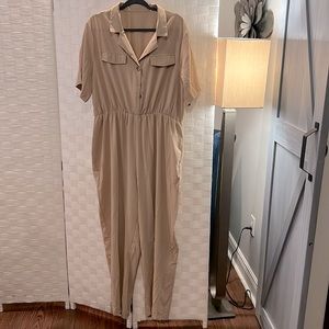 Lightweight khaki colored jumpsuit with short sleeves